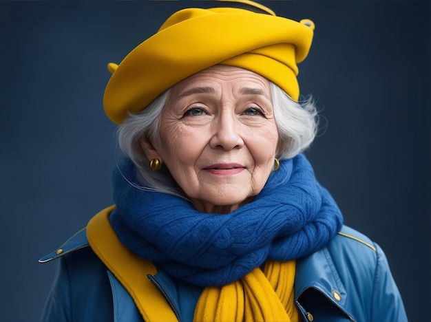 Realistic image a senior woman in a blue jacket and a hat with a yellow scarf by Generative AI