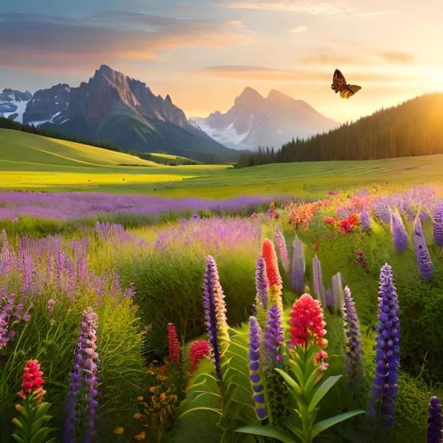 野の花と蝶が飛び交う穏やかな草原のリアルなイメージ