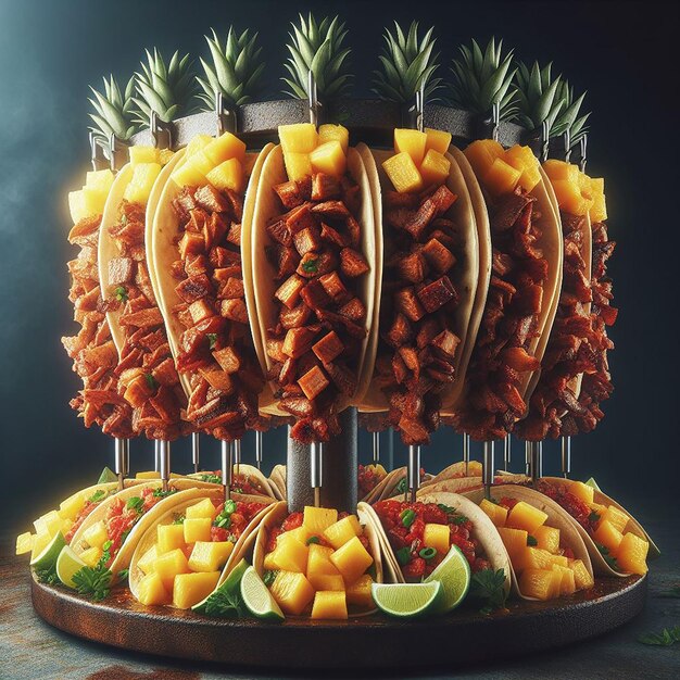 Realistic Image of Tacos Al Pastor on a Vertical Spit with Marinated Meat and Pineapple Slices