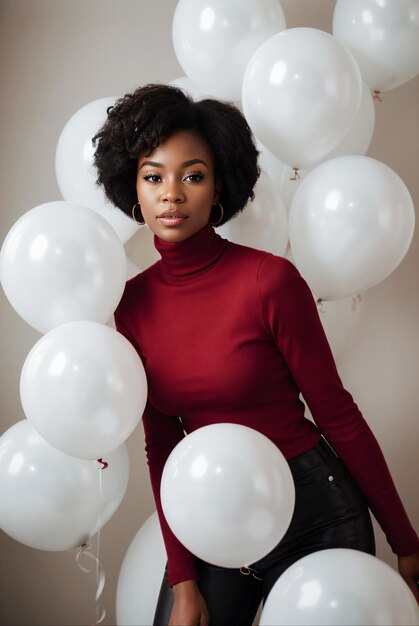 Realistic image of young woman surrounded by white and red balloons