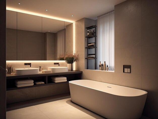 Photo realistic interior design bathroom with bathtub modern minimal design generative ai