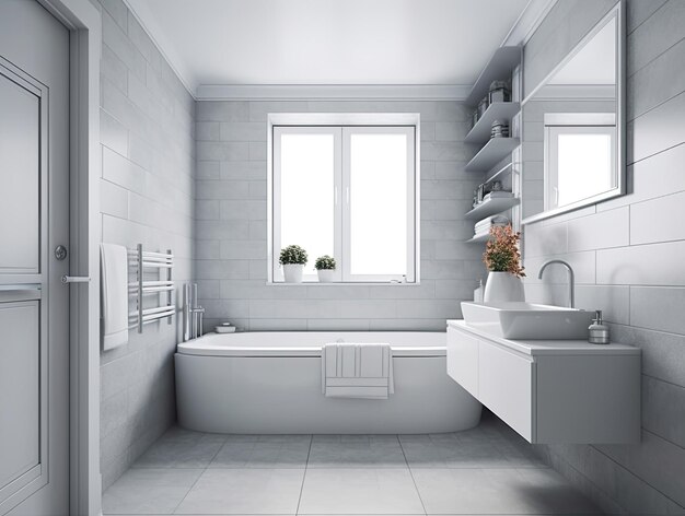 Realistic interior design bathroom with bathtub modern minimal design Generative AI