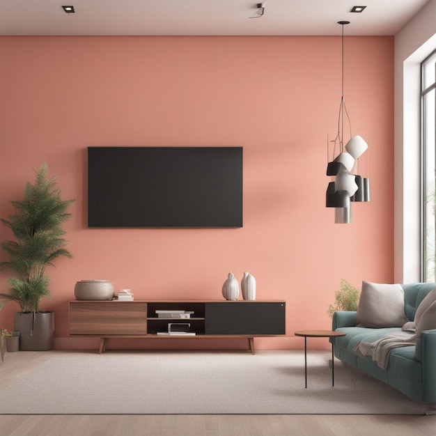 реалистичный интерьер гостиной с серым диваном и телевизионным сценарием