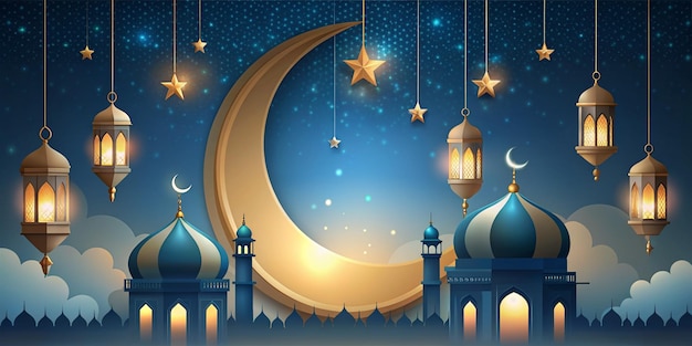 Realistic islamic background with crescent and Lantern