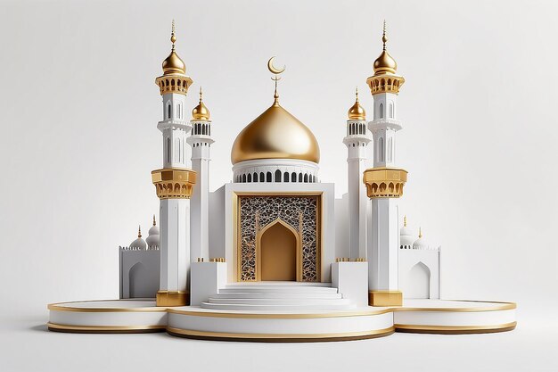 Realistic islamic product display podium with mosque gate and golden minarets in white background