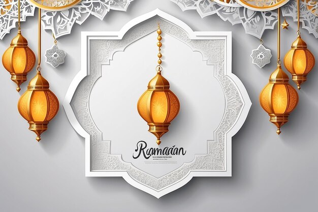 Realistic Islamic Ramadan Kareem Background with ornament hanging and white frame Premium Vector