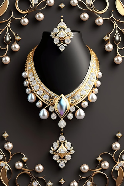 Realistic jewelry border Beautiful crystals pearls and gold filigree