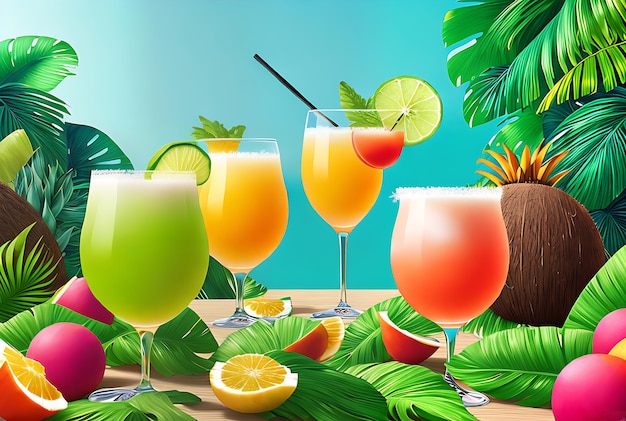 Realistic jungle with cocktails fruit Pantone colors