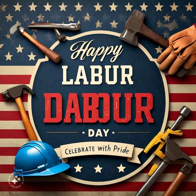 Photo realistic labour day banner design with usa flag and hard hat