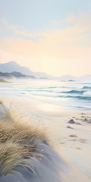 Photo realistic landscape beach at sunset with mountains