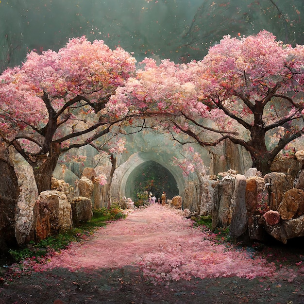 Реалистичный пейзаж в цветущем вишневом лесу со сказочной атмосферой