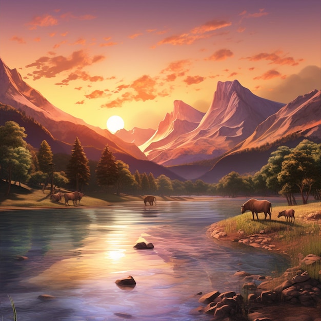 Realistic landscape wallpaper with river image AI Generated art