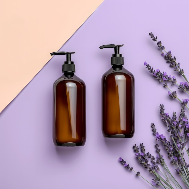 Realistic lavender oil cosmetic transparent bottle mockup
