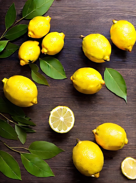 Realistic lemons and leaves set in a cozy warmly lit restaurant with a neutral color palette highly detailed and medium shot with no people Generative AI Generated