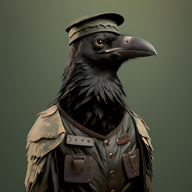 Realistic lifelike crow bird in army military navy outfit