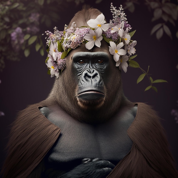 Photo realistic lifelike gorilla with pastel floral plant pastel blooming flowers