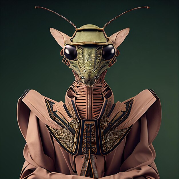 Photo realistic lifelike praying mantis in army military navy outfits