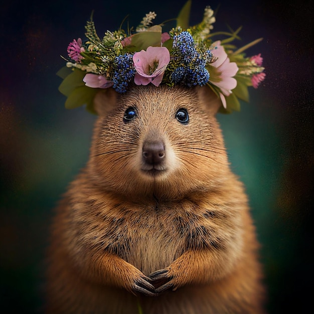 Realistic lifelike quokka with pastel floral plant pastel blooming flowers