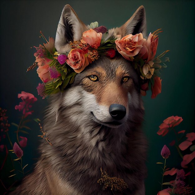 Realistic lifelike wolf with pastel floral plant pastel blooming flowers