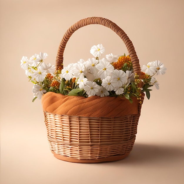 Realistic Light brown Basket Design with Flowers Soft brown Background in 8K