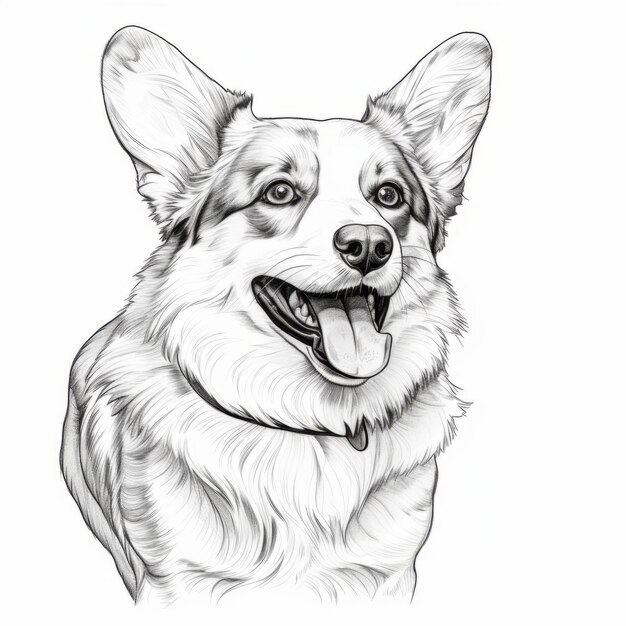 Photo realistic line drawing of corgi dog on white background