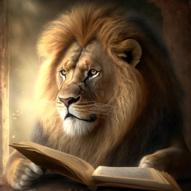 Realistic Lion Reading a Book AI