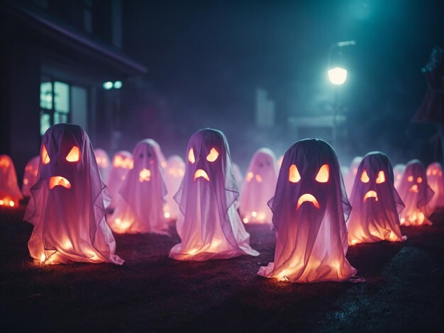 Photo realistic little ghosts neon decoration in yard