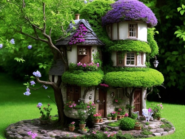 Realistic little houses and castles nature picture