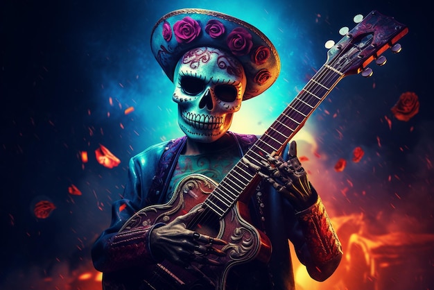 realistic little sugar skull playing guitar in the night