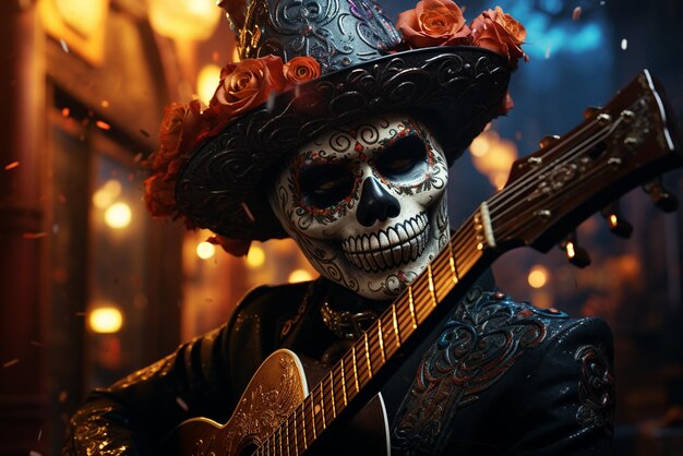 realistic little sugar skull playing guitar in the night