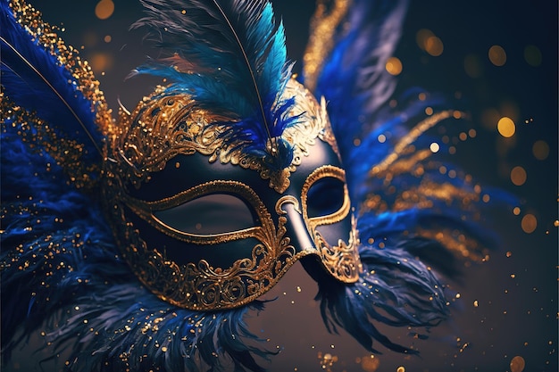 Реалистичная роскошная карнавальная маска с синими перьями Абстрактный размытый фон, золотая пыль и световые эффекты, созданные AI