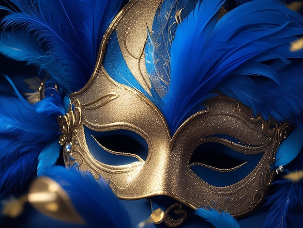 Realistic luxury carnival mask with blue feathers Abstract blurred background gold dust