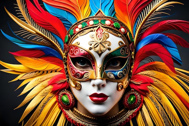 Реалистичная роскошная карнавальная маска с красочными перьями Абстрактный размытый фон Генеративный AI