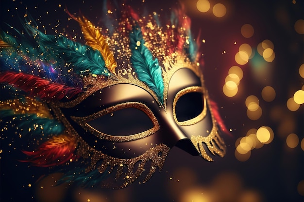 Realistic luxury carnival mask with colorful feathers abstract\
blurred background gold dust and light effects ai generated