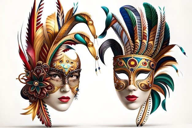 Реалистичная роскошная карнавальная маска с красочными перьями Абстрактный размытый фон золотой пылью