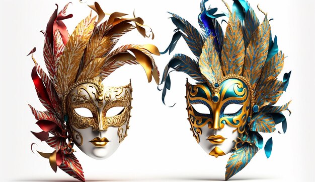 Realistic luxury carnival mask with colorful feathers