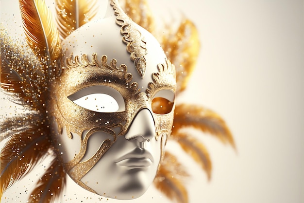 Realistic luxury carnival mask with feathers gold dust and\
light effects ai generated