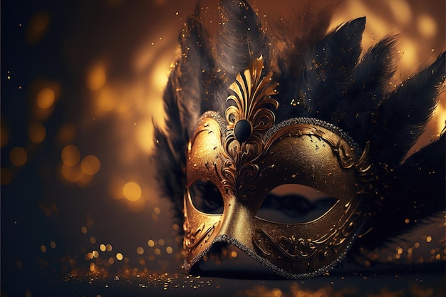 Realistic luxury carnival mask with yellow feathers Abstract blurred background gold dust and light effects Ai generated