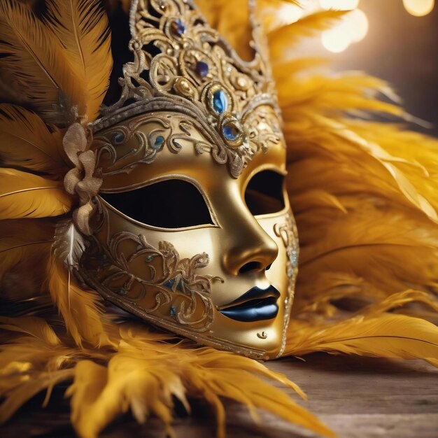 Realistic luxury carnival mask with yellow feathers abstract blurred background gold dust and light