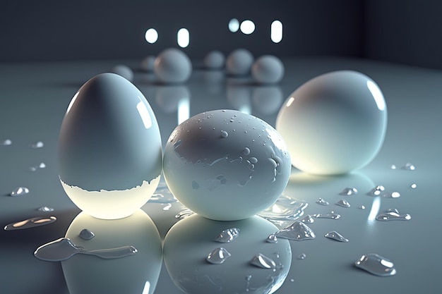 Realistic magic white Easter egg with bright light and white pain drops Generative AI