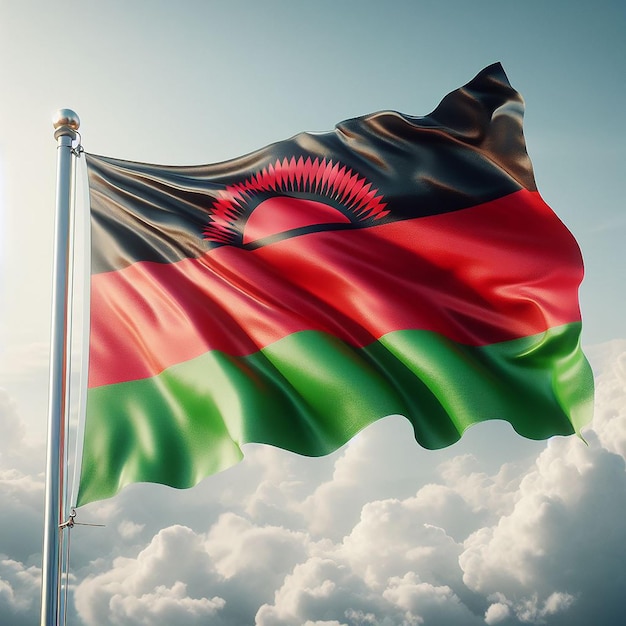 Realistic Malawi Flag on flag pole waving in the wind against white clouds