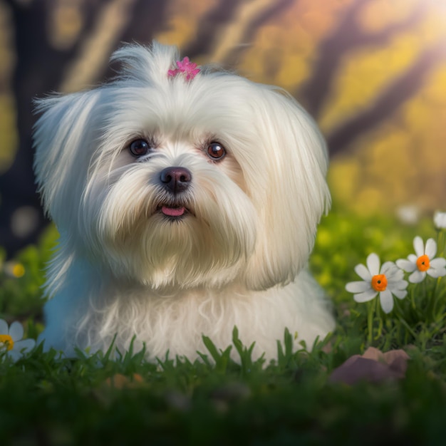 Realistico cane maltese su incantevole sfondo naturale all'aperto