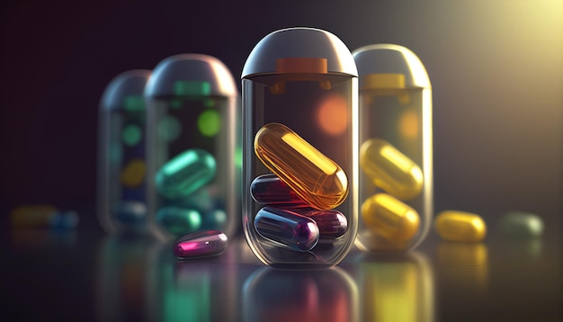 Realistic medical capsules with blurred background Generative AI