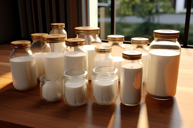 Realistic milk containers on table poser