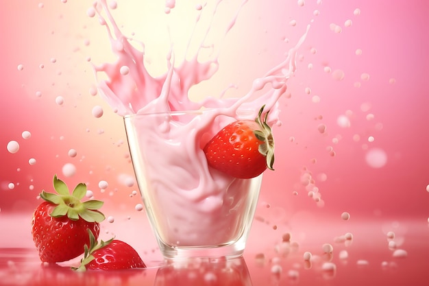 Реалистичная композиция молочного йогурта с брызгами белой жидкости и зрелой клубникой