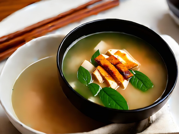 Photo realistic miso soup with warm lighting and cozy atmosphere neutral colors create a highly detailed comforting experience in an empty restaurant generative ai generated