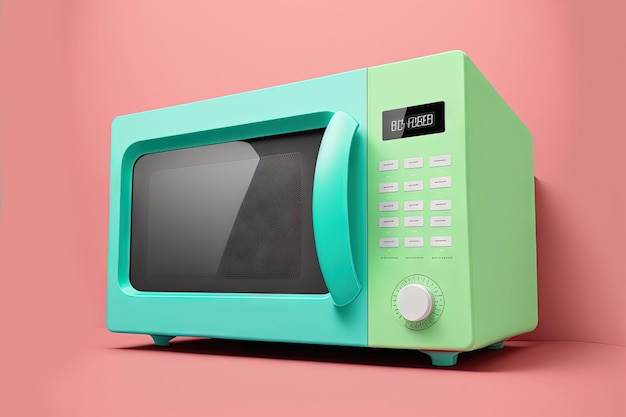 A realistic mock up of a colorful microwave oven design with a front view photo