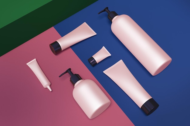 Фото Реалистичный макет косметических бутылок труб и розовой помады современная плоская натюрморт