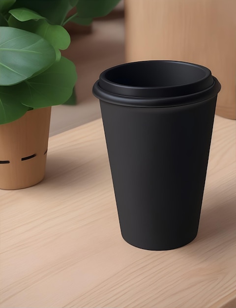 Realistic mockup black paper cup on wooden table