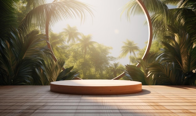 Photo realistic mockup podium with tropical scene for product display or showcase